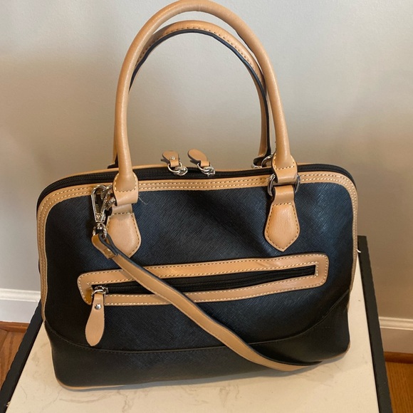 Giani Bernini's black with taupe trim triple compartment structured satchel - Picture 2 of 12